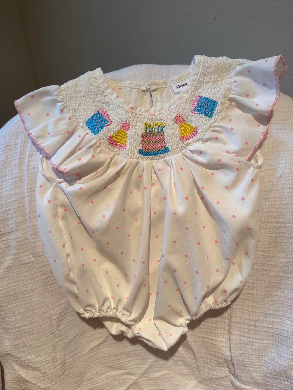 White & Pink Polka Dot Baby Bubble with Birthday Smocking